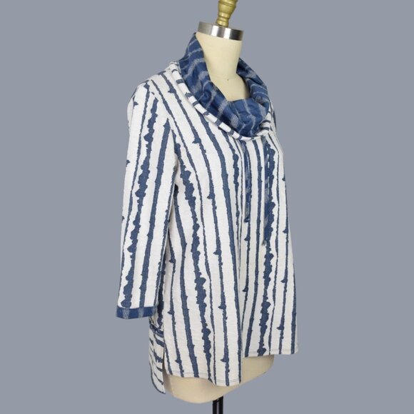 ALI MILES ABSTRACT VERTICAL STRIPE CREAM BLUE COWL NECK SWEATER - Picture 4 of 8